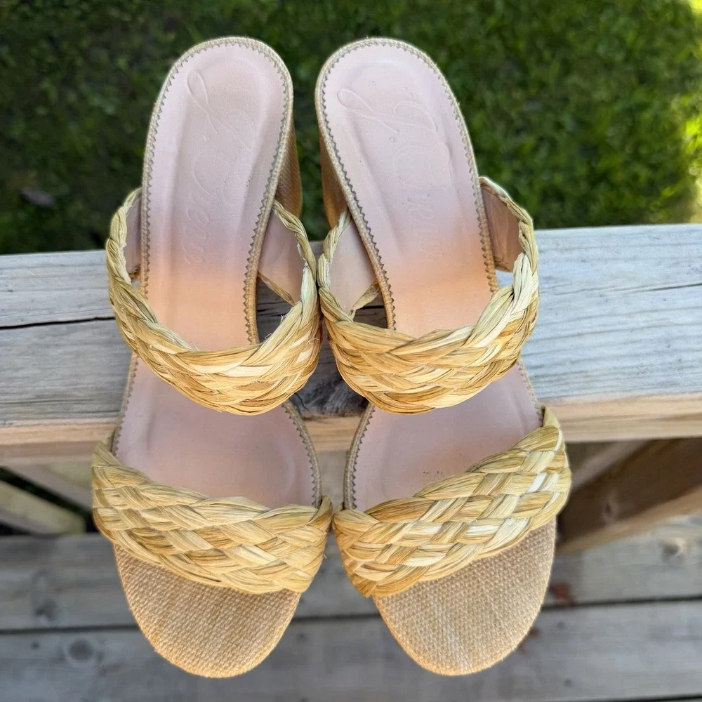 J.Crew Woven Raffia Block Heel Sandals Women's Size 8 Natural Boho Summer
